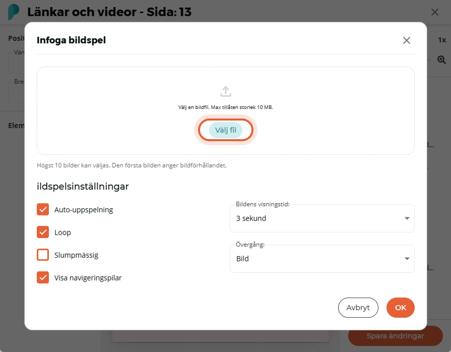 En fil väljs för att ladda upp bilder till bildspelet och inställningarna visas nedan.