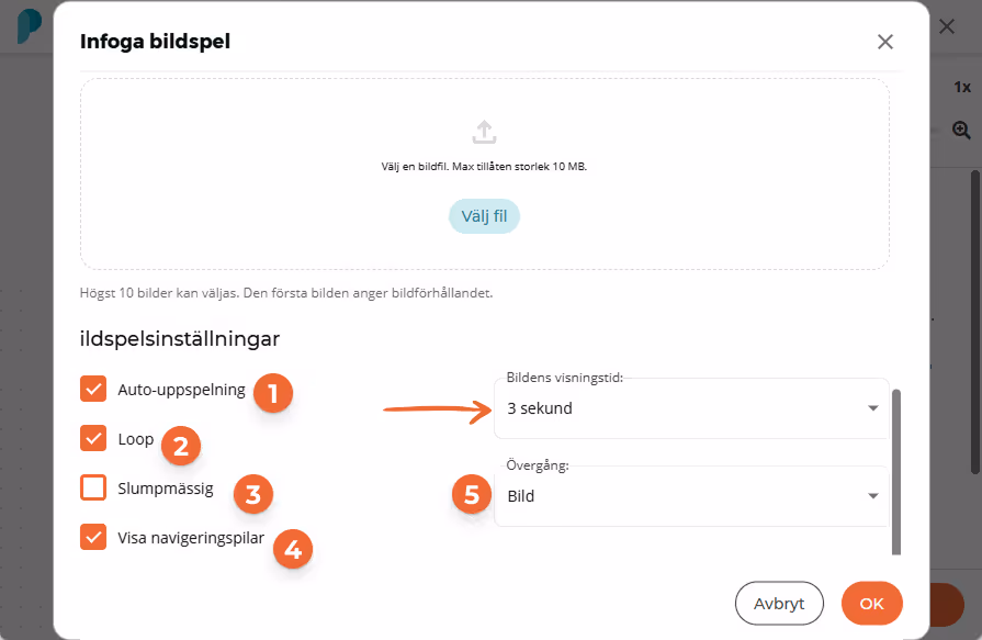 Bildspelsinställningarna visar att autoplay och loop är aktiverade, med bildvisningstid inställd på Bildspelsinställningarna visar att autoplay och loop är aktiverade, med bildvisningstid inställd på