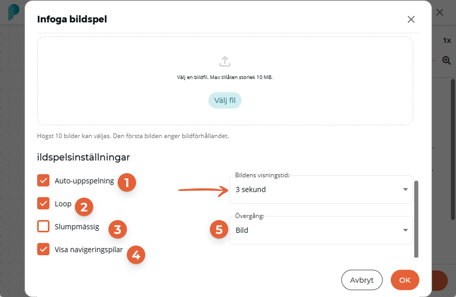 Bildspelsinställningarna visar att autoplay och loop är aktiverade, med bildvisningstid inställd på 