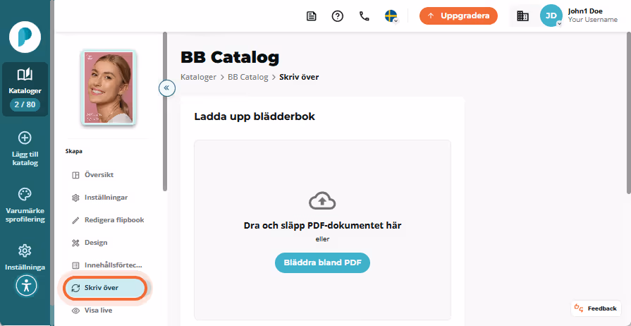Flipbook-panel med alternativmeny öppen och markerad 