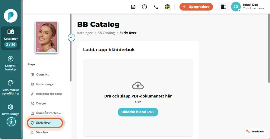 Flipbook-panel med alternativmeny öppen och markerad 
