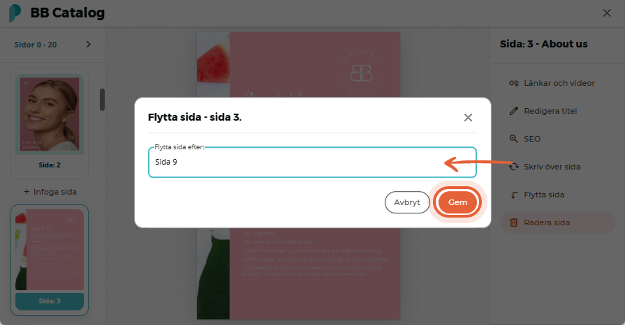 Användaren ställer in den nya sidpositionen efter sida 9 och sparar ändringarna