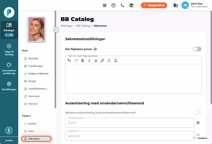 Sidan för sekretessinställningar för BB Catalog där alla alternativ är avstängda, inklusive lösenord