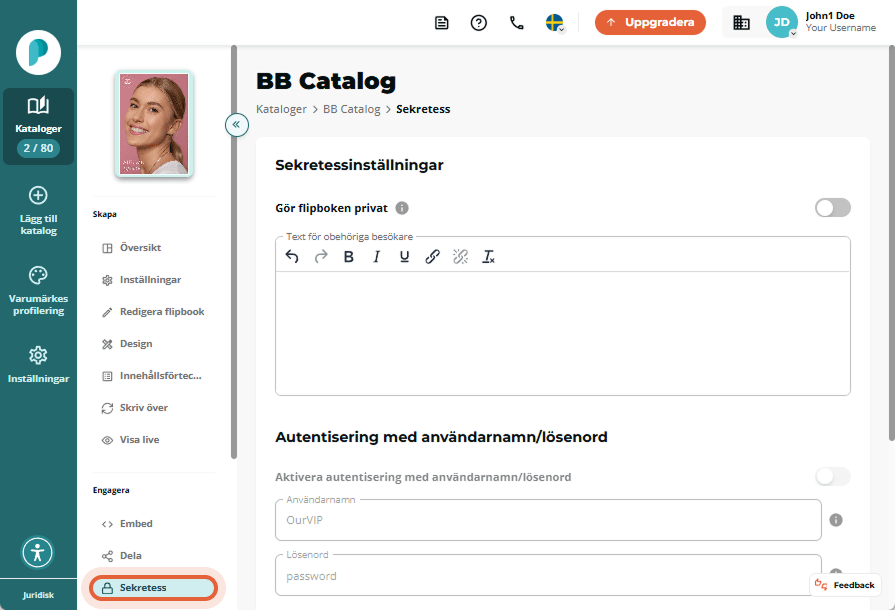 Sidan för sekretessinställningar för BB Catalog där alla alternativ är avstängda, inklusive lösenord