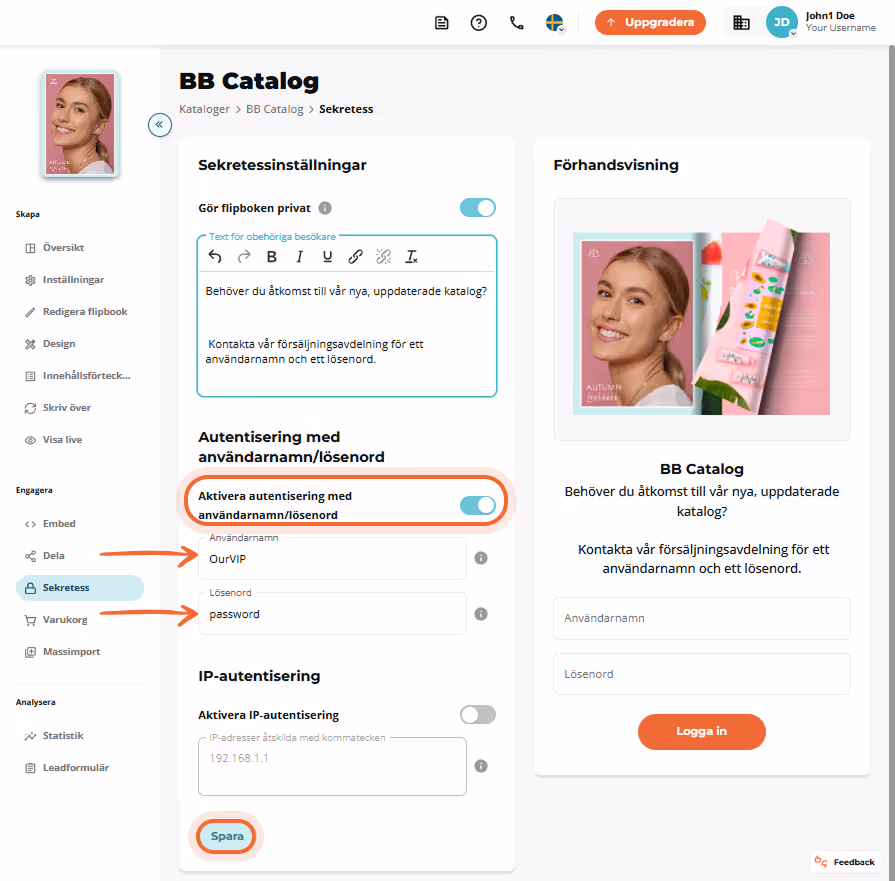 Sida med aktiverad sekretess och användarnamn/lösenord-autentisering, med förhandsvisning av meddela