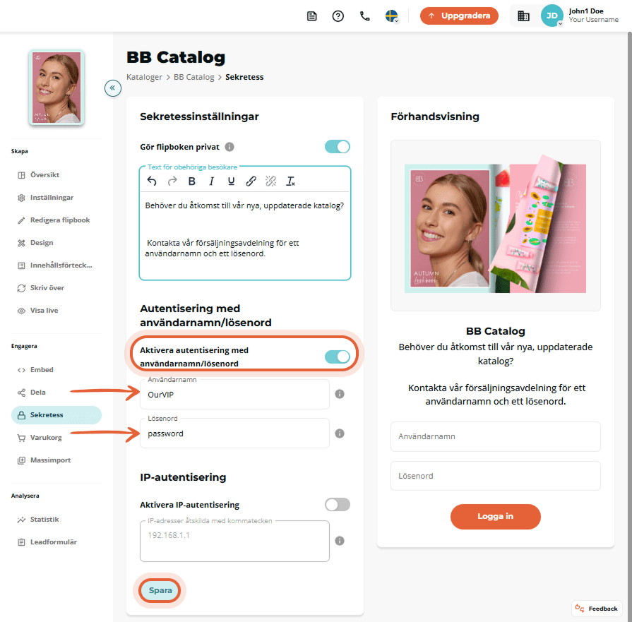Sida med aktiverad sekretess och användarnamn/lösenord-autentisering, med förhandsvisning av meddela