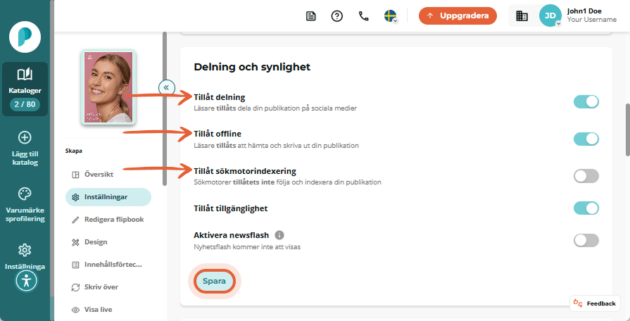 Delningsinställningar med reglage aktiverade för delning, nedladdning/utskrift och sökmotorindexerin