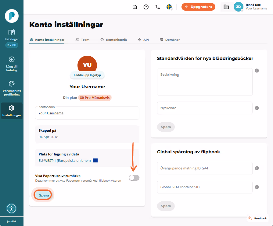 På sidan för kontoinställningar inaktiverar användaren På sidan för kontoinställningar inaktiverar användaren