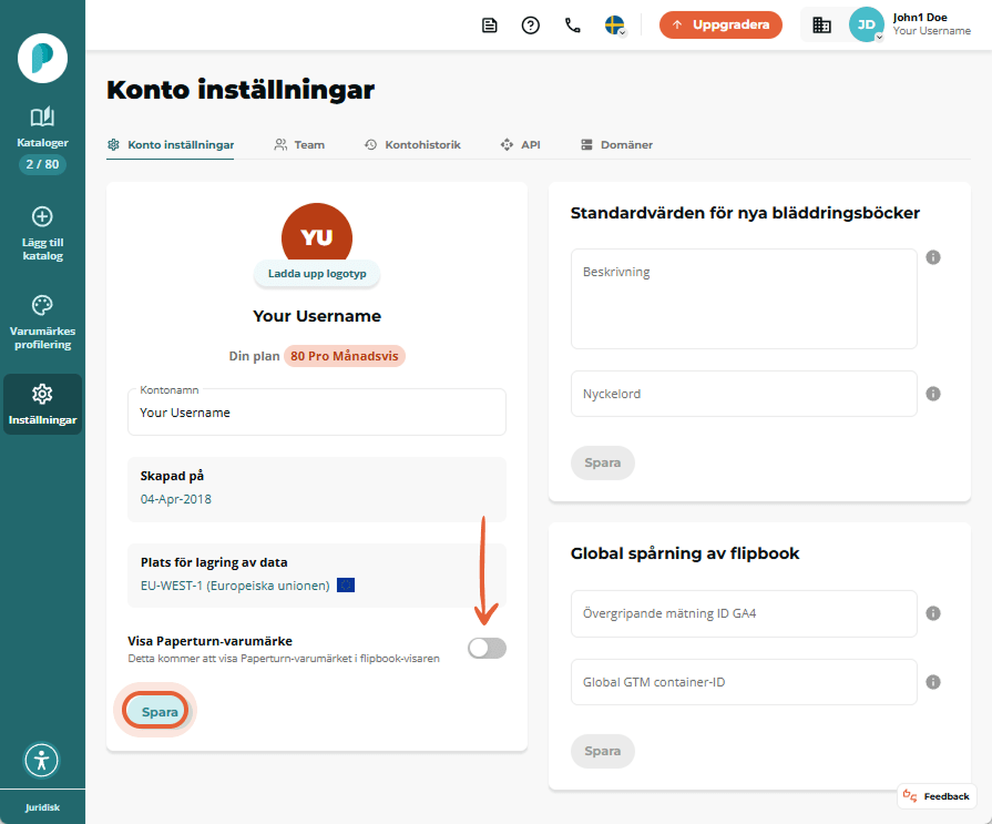 På sidan för kontoinställningar inaktiverar användaren 