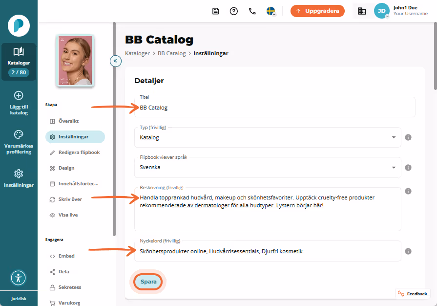 Inställningspanelen visar titeln ”BB Catalog”, en beskrivning av hudvårdsprodukter och listade nycke