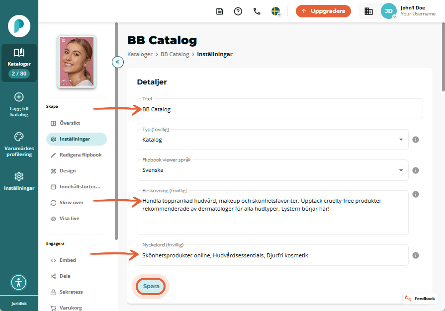 Inställningspanelen visar titeln ”BB Catalog”, en beskrivning av hudvårdsprodukter och listade nycke