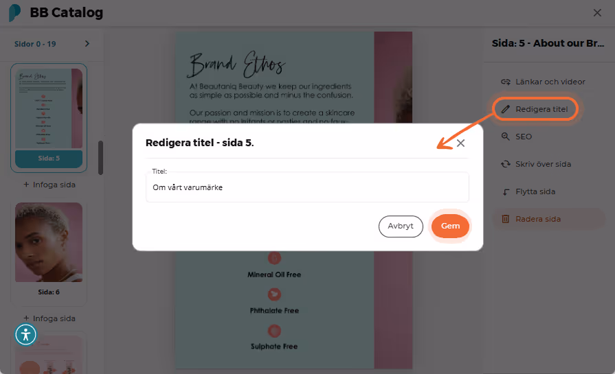 SEO-alternativ för sidan med fält för Beskrivning, Nyckelord och Text visade.