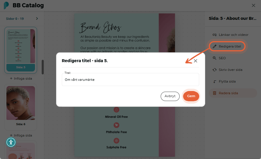 SEO-alternativ för sidan med fält för Beskrivning, Nyckelord och Text visade.