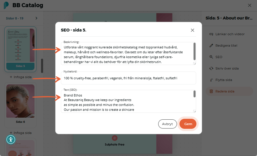 Förstorad SEO-popup som visar lång beskrivning och lista över nyckelord för blädderboken.