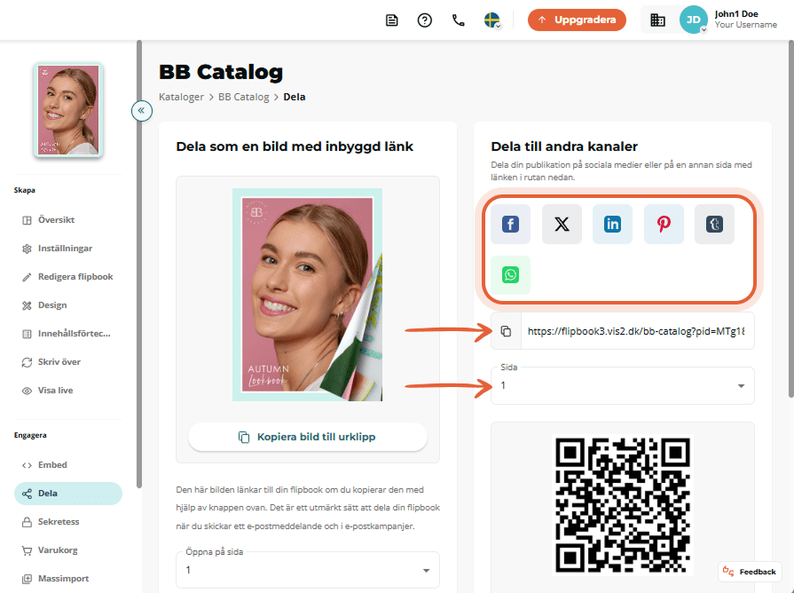 Delningsalternativ för BB Catalog med sociala medier-knappar, länk och QR-kod.