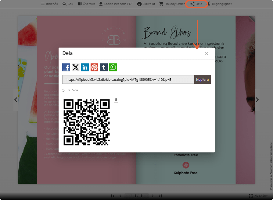 Delningsruta i flipbook-visaren med sociala knappar, länk och QR-kod.