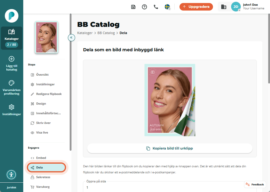 Delningsinställningar med reglage för delning, nedladdning, indexering och tillgänglighet.
