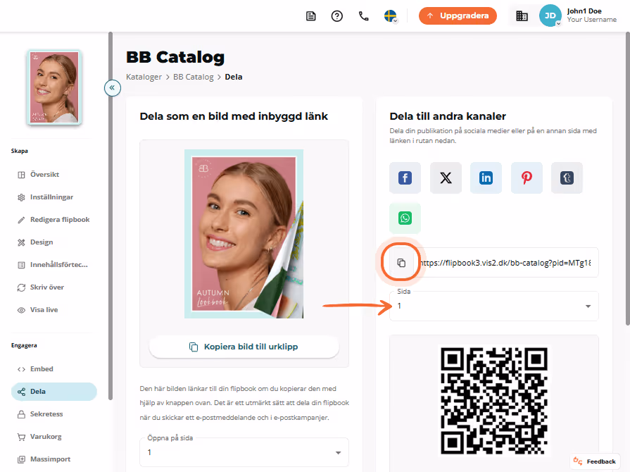 Skärm för bilddelning med QR-kod och knapp 