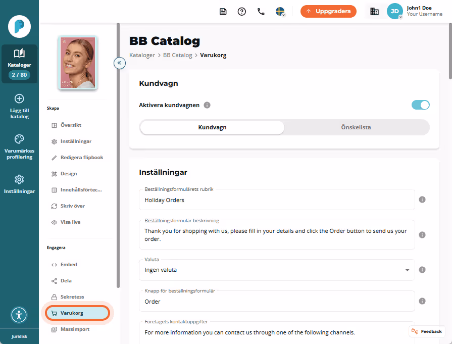 Inställningssida för kundvagn med formulärfält som titel, beskrivning och kontaktinformation. Inställningssida för kundvagn med formulärfält som titel, beskrivning och kontaktinformation.