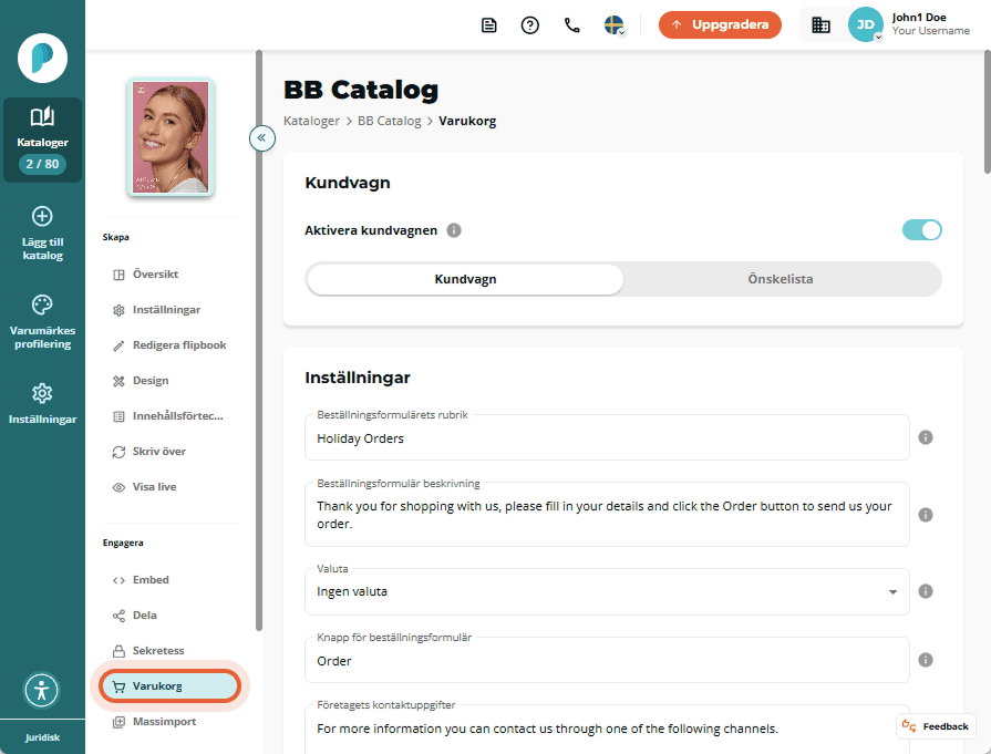Inställningssida för kundvagn med formulärfält som titel, beskrivning och kontaktinformation.