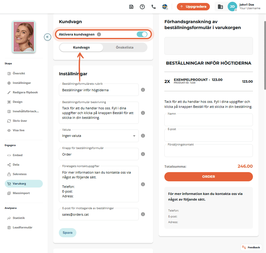 Sida med kundvagn som visar ordersammanfattning och formulärförhandsvisning.