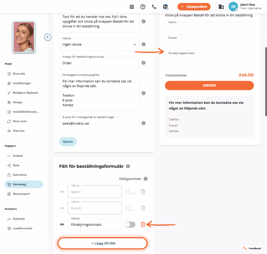 Beställningsformulär med redigerbara fält och markerad “Lägg till fält”-sektion längst ner. Beställningsformulär med redigerbara fält och markerad “Lägg till fält”-sektion längst ner.