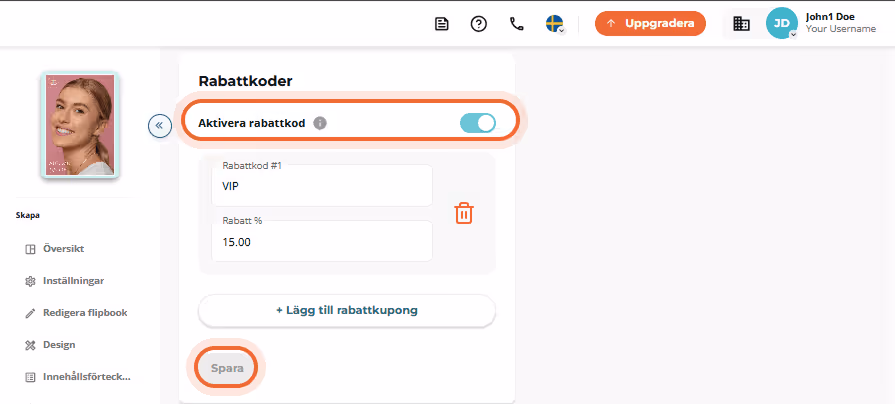 Gränssnitt för rabattkoder med aktiveringsknapp och exempel på VIP-kod. Gränssnitt för rabattkoder med aktiveringsknapp och exempel på VIP-kod.