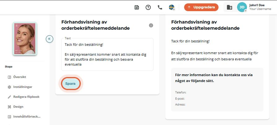 Fält för orderbekräftelse och förhandsvisning med tacktext.