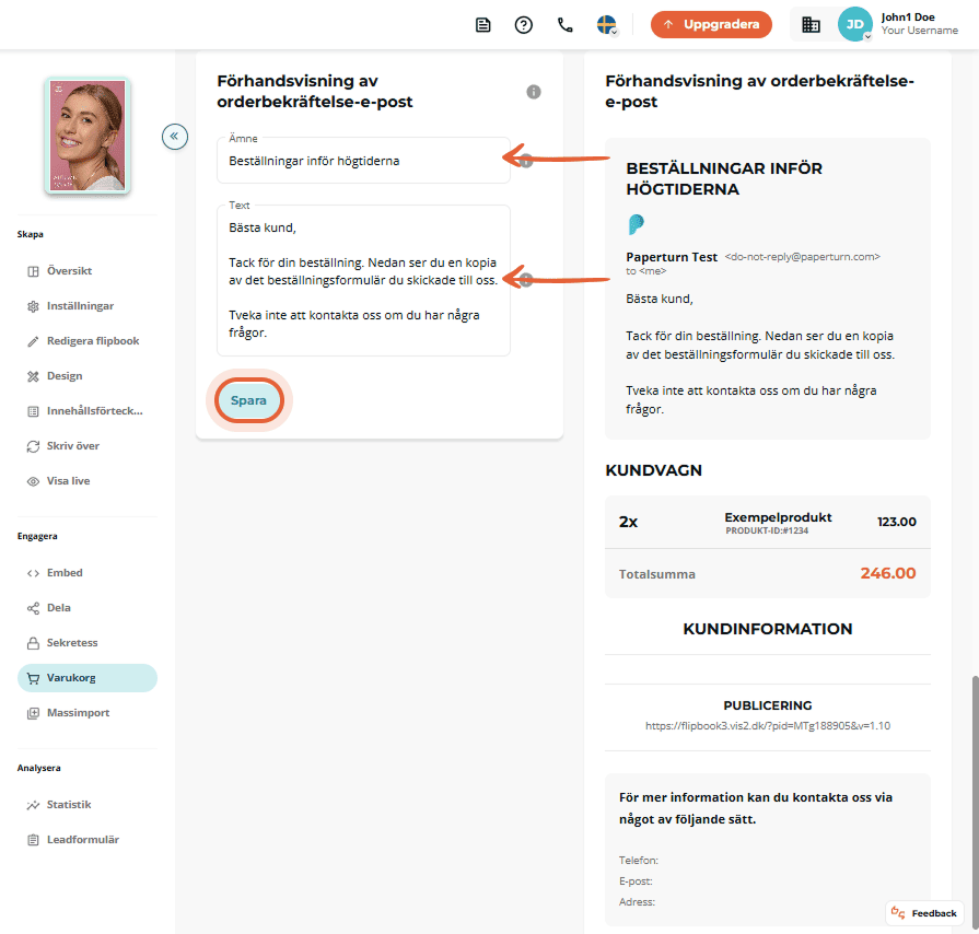Redigerare för orderbekräftelsemejl med ämnes- och textfält samt förhandsvisning till höger.