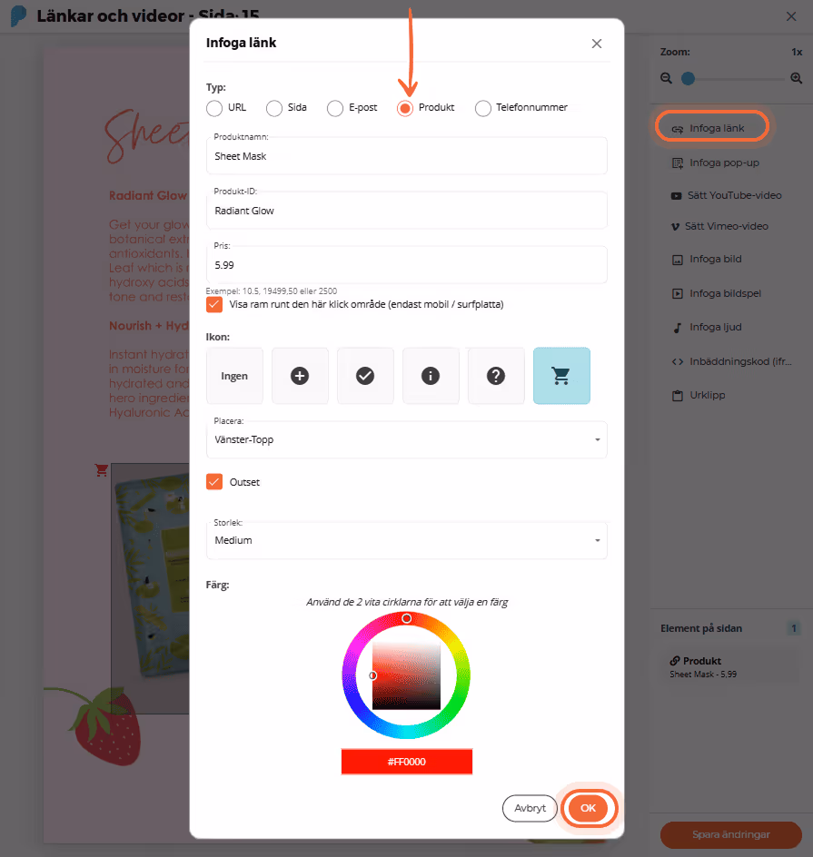 Pop-up för att infoga produktlänk med fält för namn, ID och ikonval. Pop-up för att infoga produktlänk med fält för namn, ID och ikonval.