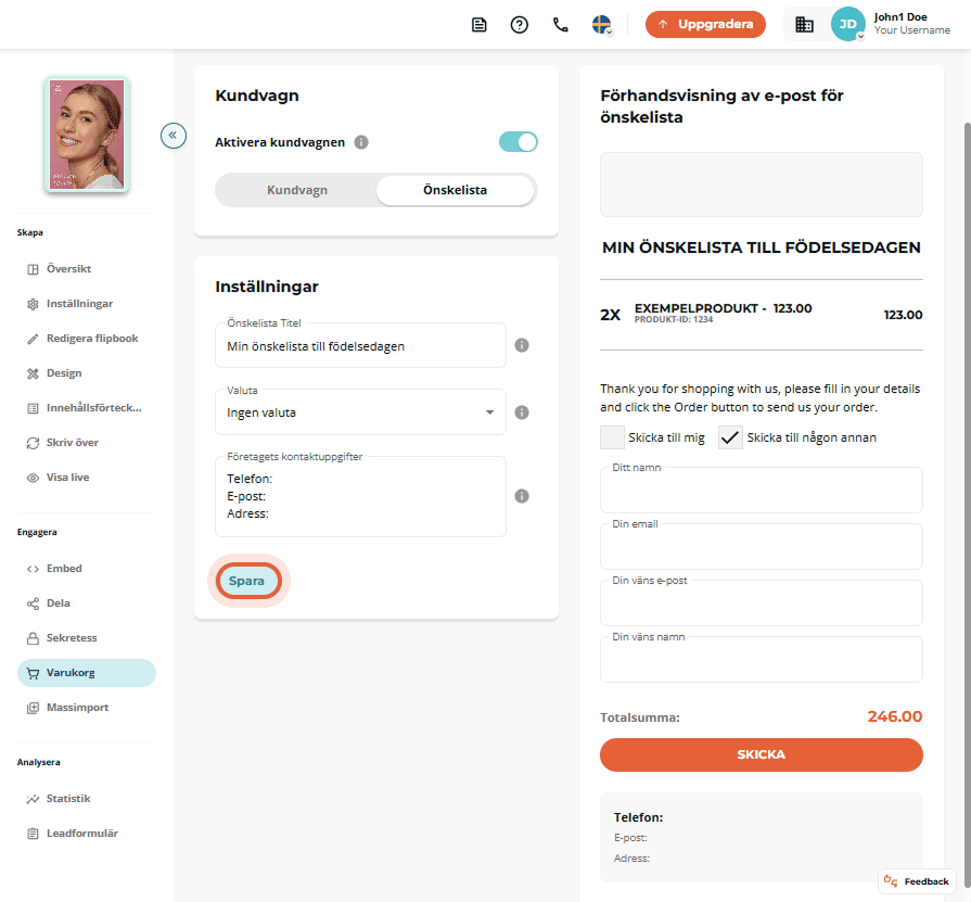Önskelisteskärm med titel, valuta och företagets kontaktinformation.