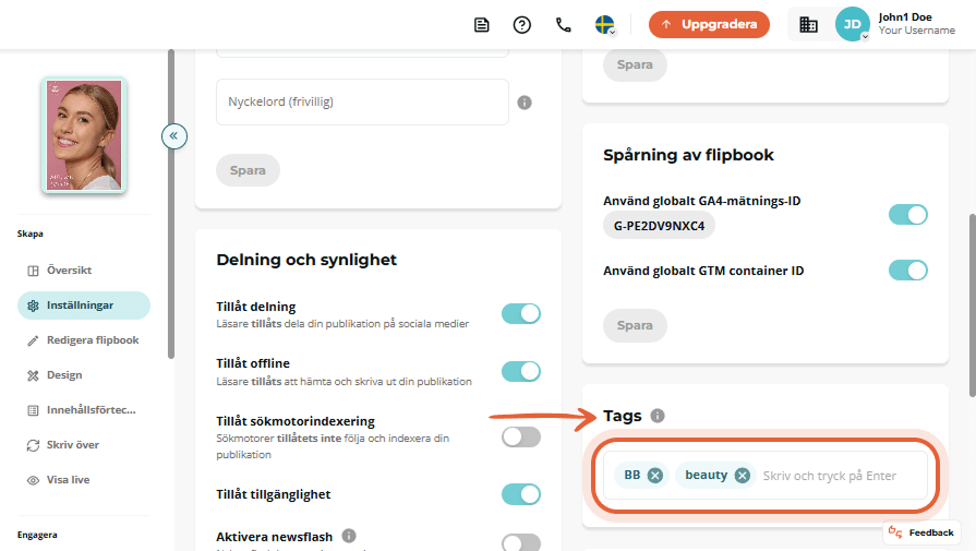 Inställningar för delning och synlighet expanderade, visar aktiverad Newsflash-växlare med olika anp