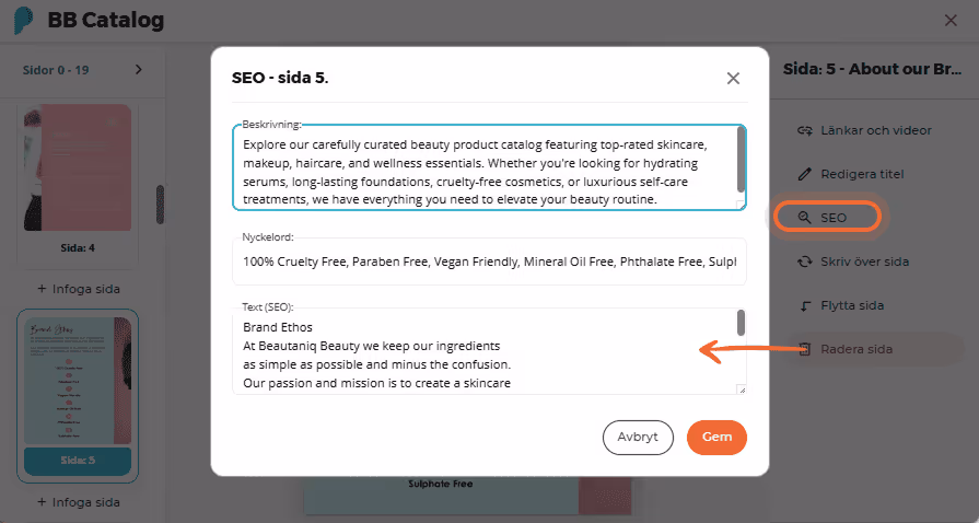 SEO-panel med fält för beskrivning, nyckelord och SEO-text för sida 5 i en BB-katalog SEO-panel med fält för beskrivning, nyckelord och SEO-text för sida 5 i en BB-katalog