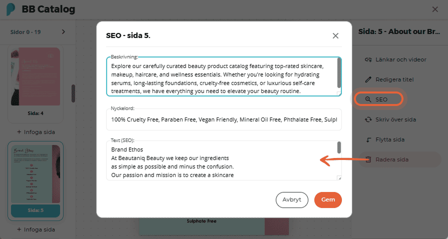 SEO-panel med fält för beskrivning, nyckelord och SEO-text för sida 5 i en BB-katalog