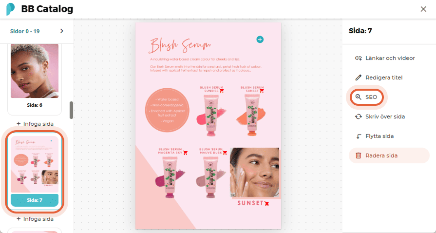 SEO-panel öppet för sida 7 i BB Catalog-blädderboken, visar textinnehåll och förhandsgranskning av s