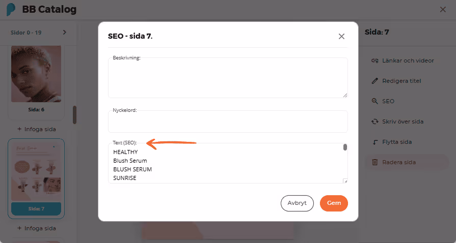 SEO-inmatningsfält med nyckelord och SEO-text för sida 7 i BB-katalogen SEO-inmatningsfält med nyckelord och SEO-text för sida 7 i BB-katalogen