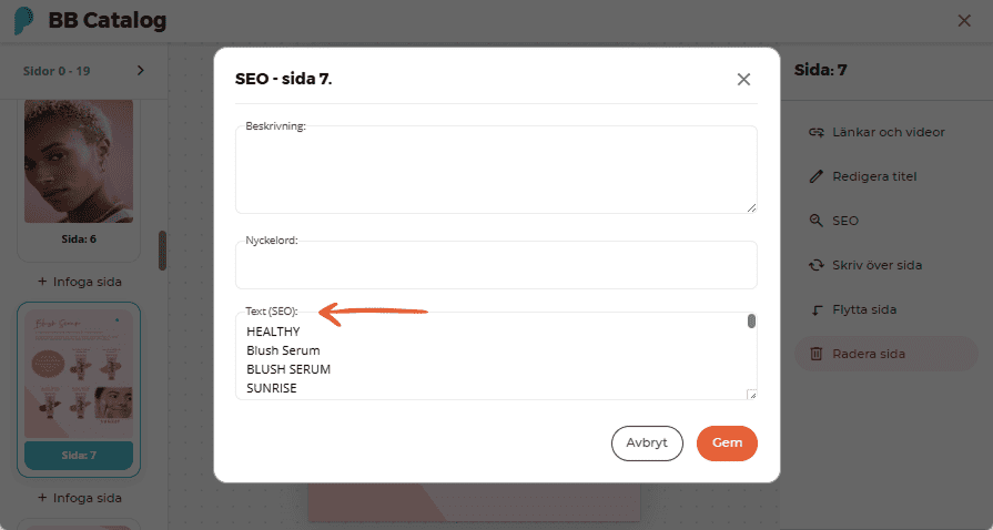 SEO-inmatningsfält med nyckelord och SEO-text för sida 7 i BB-katalogen