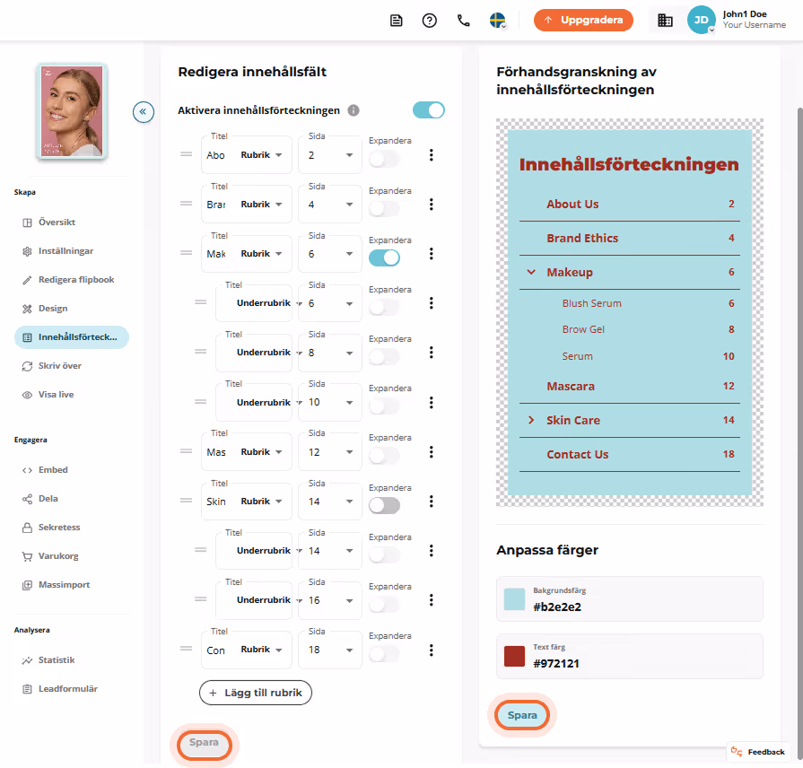Förhandsvisning av aktiv innehållsförteckningslayout med stylade titlar, färger och indrag. Förhandsvisning av aktiv innehållsförteckningslayout med stylade titlar, färger och indrag.