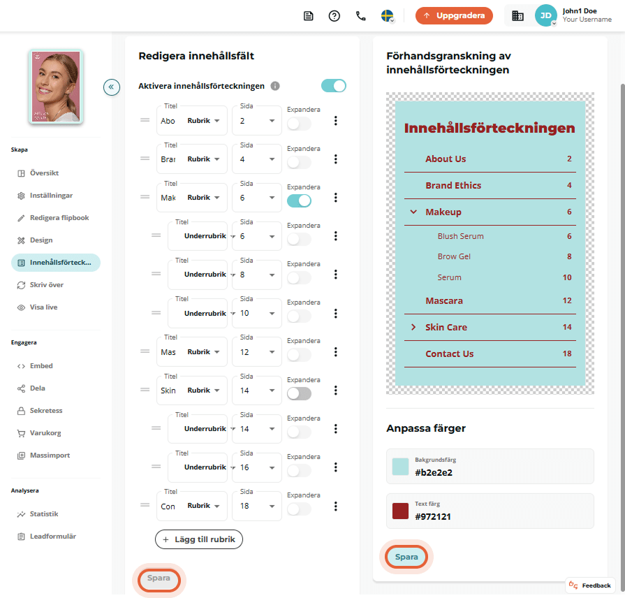 Förhandsvisning av aktiv innehållsförteckningslayout med stylade titlar, färger och indrag.