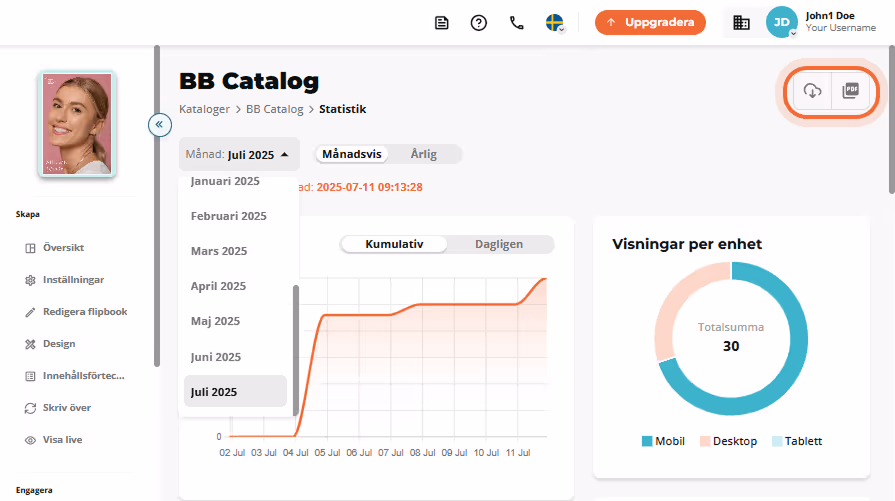 Alternativ för att ladda ner eller uppdatera statistik för blädderboken i övre högra hörnet.