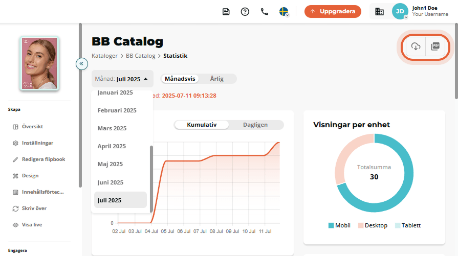 Alternativ för att ladda ner eller uppdatera statistik för blädderboken i övre högra hörnet.