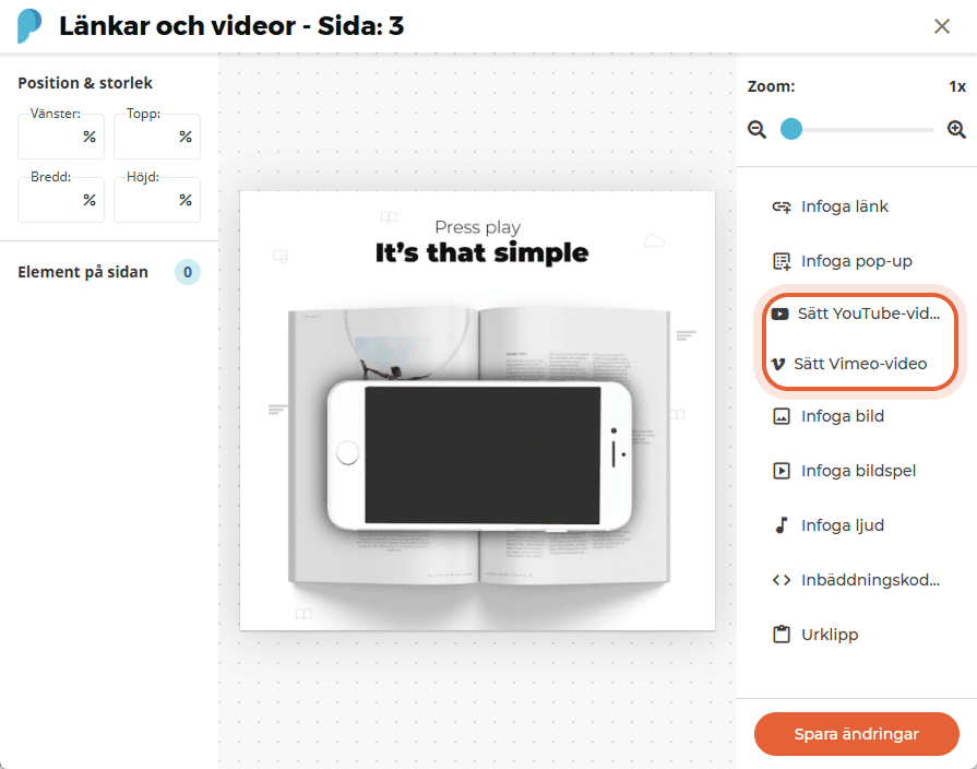 Infoga video-menyn med Infoga YouTube och Infoga Vimeo markerade till höger.