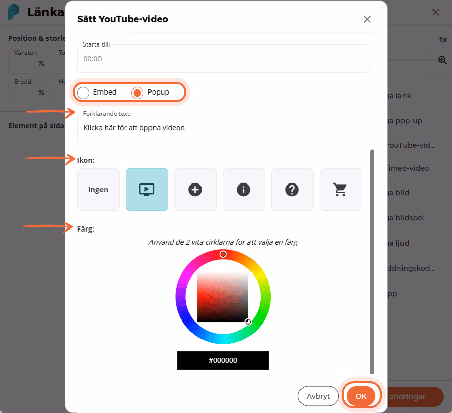 Inställningar för YouTube-videons utseende med popup markerad, anpassad text, ikon och färgväljare s Inställningar för YouTube-videons utseende med popup markerad, anpassad text, ikon och färgväljare s