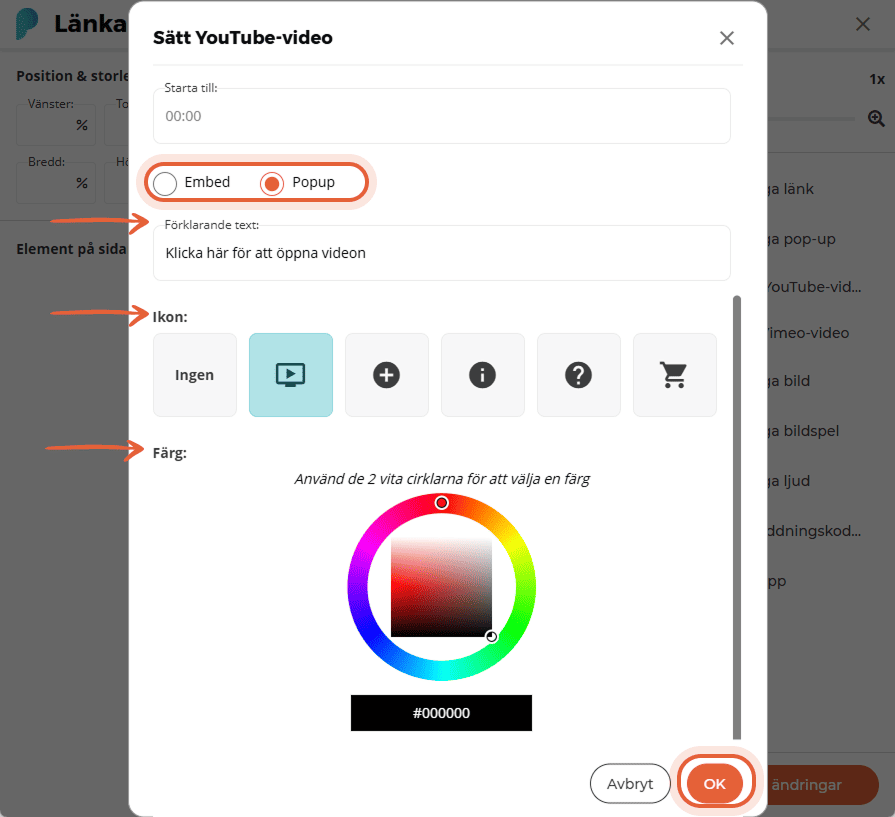 Inställningar för YouTube-videons utseende med popup markerad, anpassad text, ikon och färgväljare s