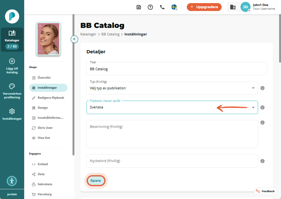BB Catalogs inställningssida visar rullgardinspilen ”Flipbook viewer language” och den markerade kna