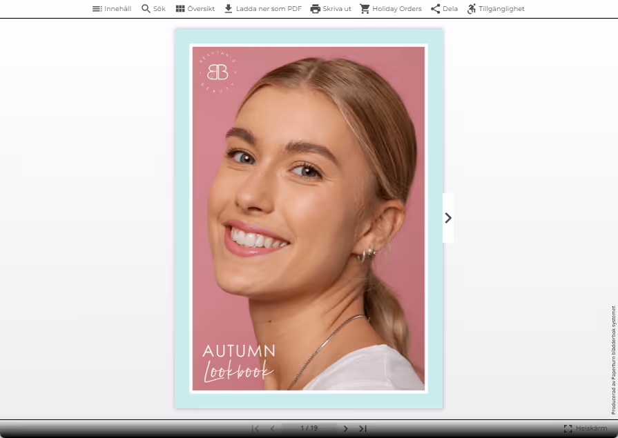 Flipbook-visare som visar BB Catalog-omslaget med menyalternativ i toppraden synliga.