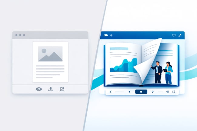 Split illustration comparing a plain gray file preview window on the left with a polished blue flipbook viewer on the right. Split illustration comparing a plain gray file preview window on the left with a polished blue flipbook viewer on the right.