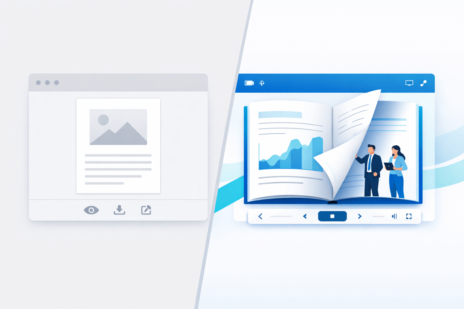 Split illustration comparing a plain gray file preview window on the left with a polished blue flipbook viewer on the right.