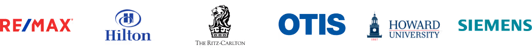 Company logos including Remax, Hilton, The Ritz-Carlton, Otis, Howard University, Siemens