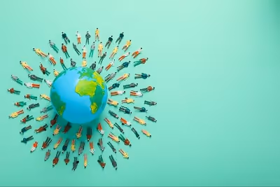 Planet earth in a green background, with several people around it. Planet earth in a green background, with several people around it.